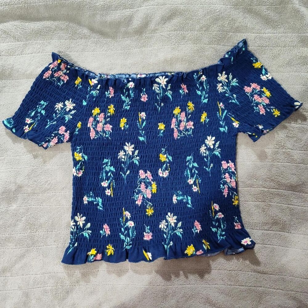 Say What Navy blue floral off the shoulder top medium jr